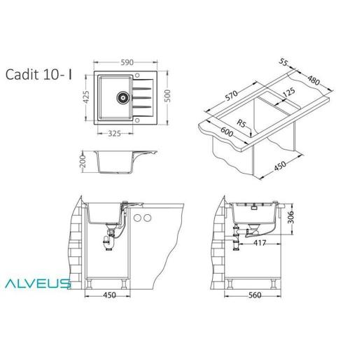 Кухонная мойка 59 см Alveus Granital Cadit 10 Concrete