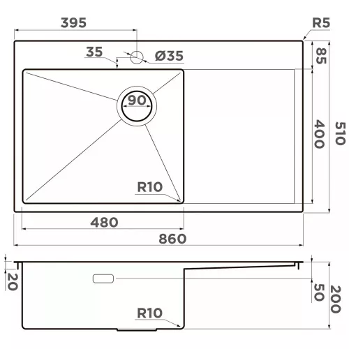 Кухонная мойка 86 см Omoikiri New Day Akisame 86-LG-L Side светлое золото