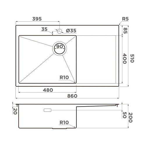 Кухонная мойка 86 см Omoikiri Akisame 86 SIDE-IN-L