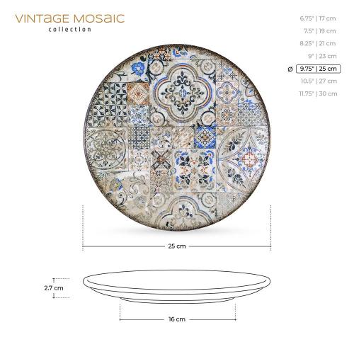 Тарелка обеденная 25 см Wilmax Vintage Mosaic серая