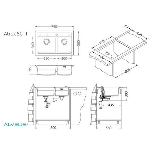 Кухонная мойка 79 см Alveus Under Atrox 50 Carbon