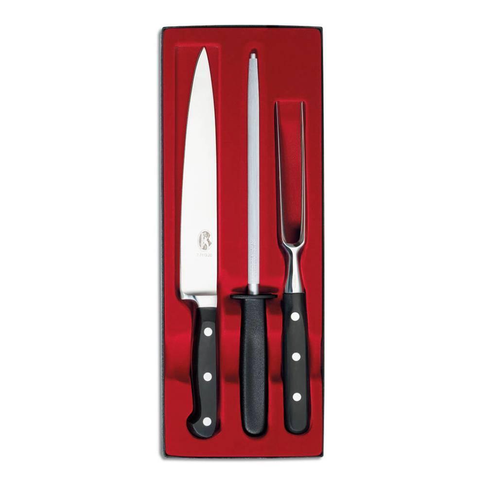 Victorinox набор кухонных ножей. Victorinox 3 предмета. Комплект кухонных ножей швейцарские. Набор Victorinox Standart 1 нож, разделочная вилка и мусат. Victorinox кованые кухонные ножи.