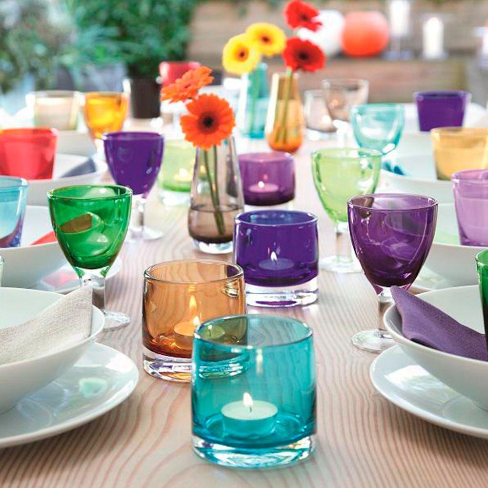 Столовое стекло. Цветная посуда. Посуда из цветного стекла. Сервировка цветной посудой. Сервировка с цветными бокалами.